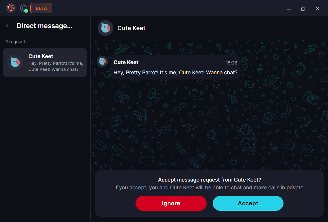 Messaging on Keet ✉️ You can review each DM request and choose to 'Accept' or 'Ignore':.