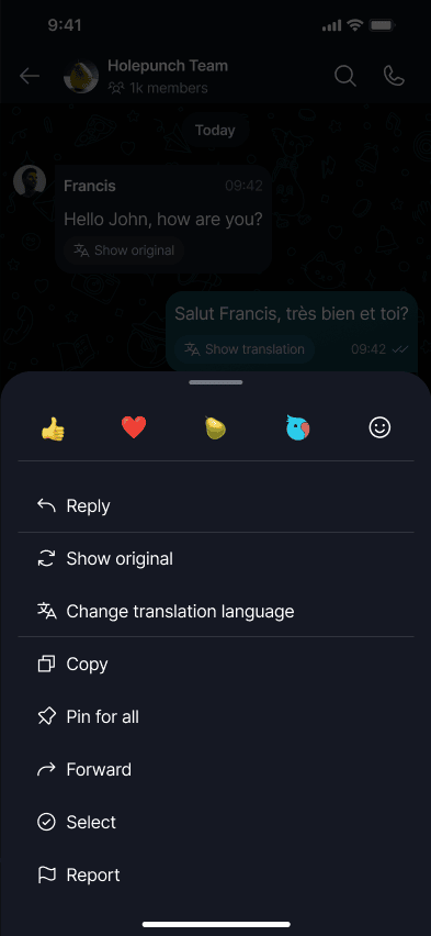 Translate Messages π Β· Mobile Translation options on a translated message.